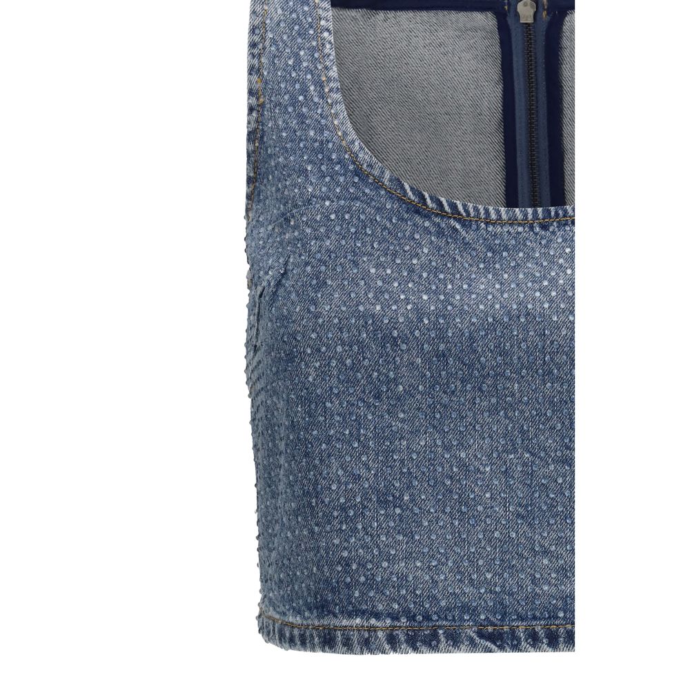 Self-Portrait Blue Cotton Rhinestone Denim Crop Top