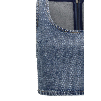 Self-Portrait Blue Cotton Rhinestone Denim Crop Top