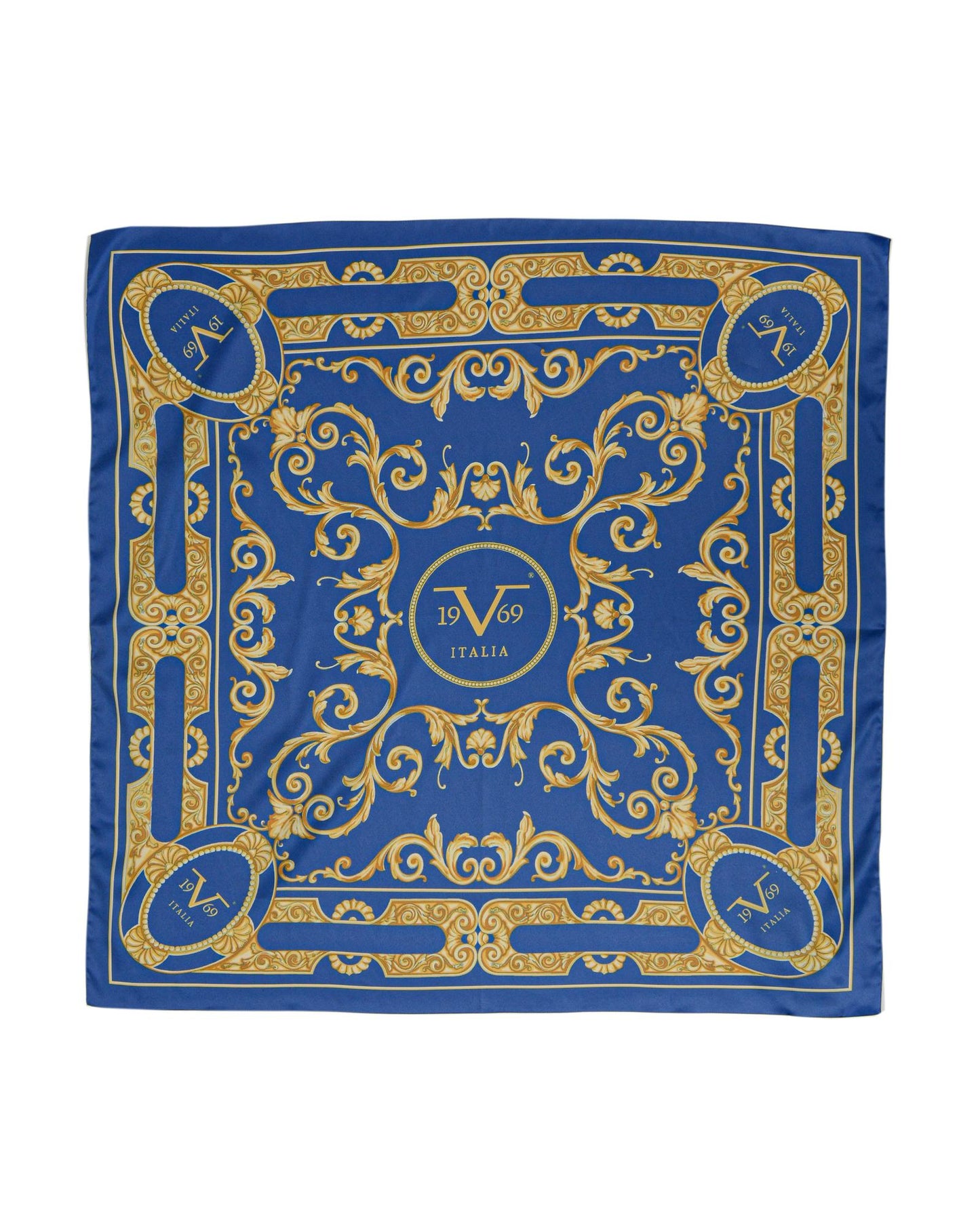 19V69 Italia Blue and Gold Baroque Print Scarf