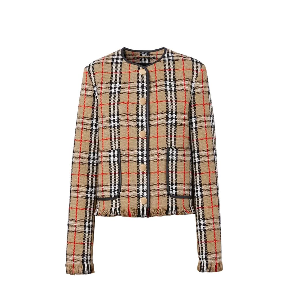 Burberry Beige Check Bouclé Collarless Jacket