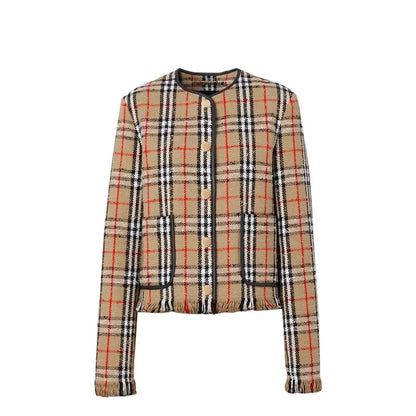Burberry Beige Check Bouclé Collarless Jacket