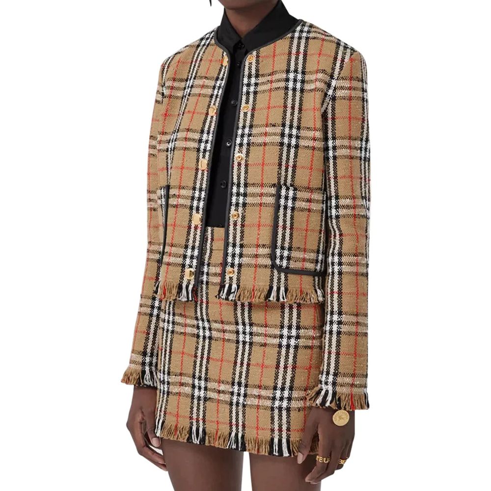Burberry Beige Check Bouclé Collarless Jacket
