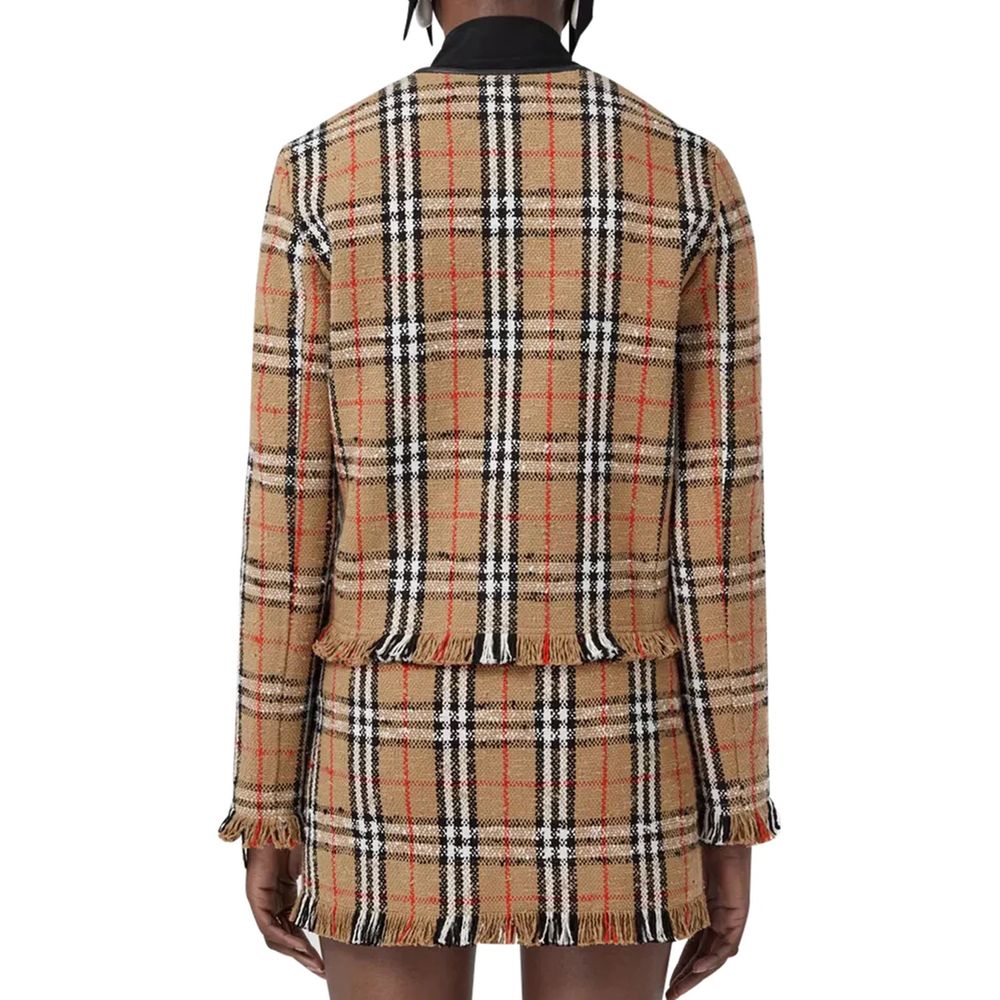 Burberry Beige Check Bouclé Collarless Jacket