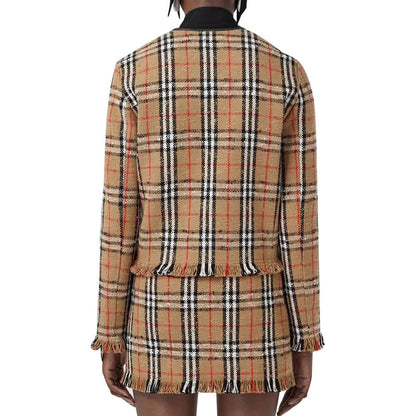 Burberry Beige Check Bouclé Collarless Jacket