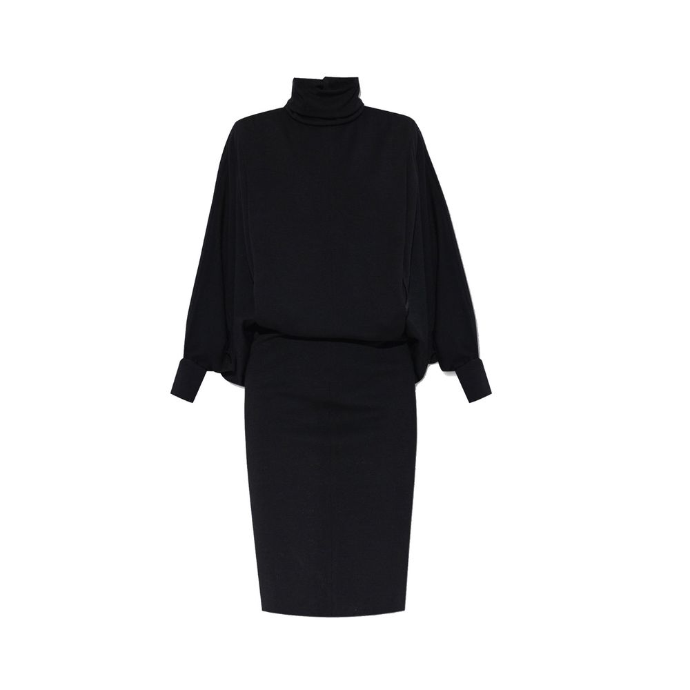 Saint Laurent Black Oversized Wool Jersey Midi Dress with Batwing Sleeves
