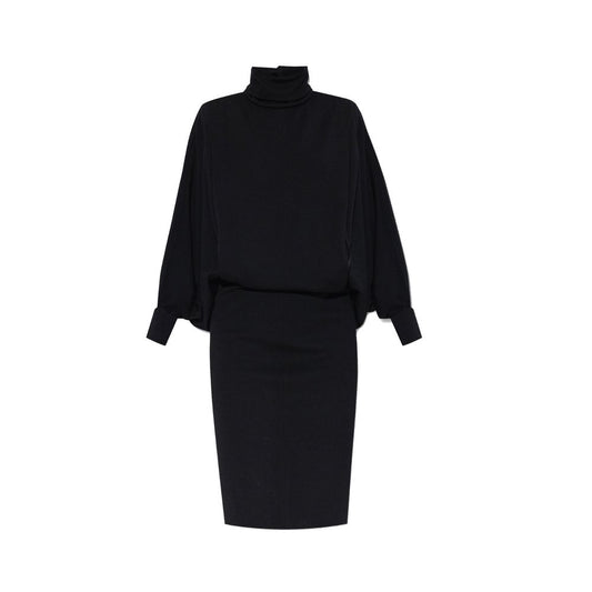 Saint Laurent Black Oversized Wool Jersey Midi Dress with Batwing Sleeves