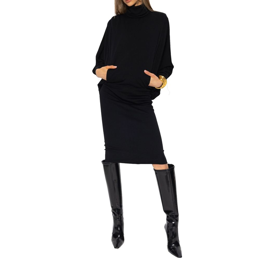 Saint Laurent Black Oversized Wool Jersey Midi Dress with Batwing Sleeves