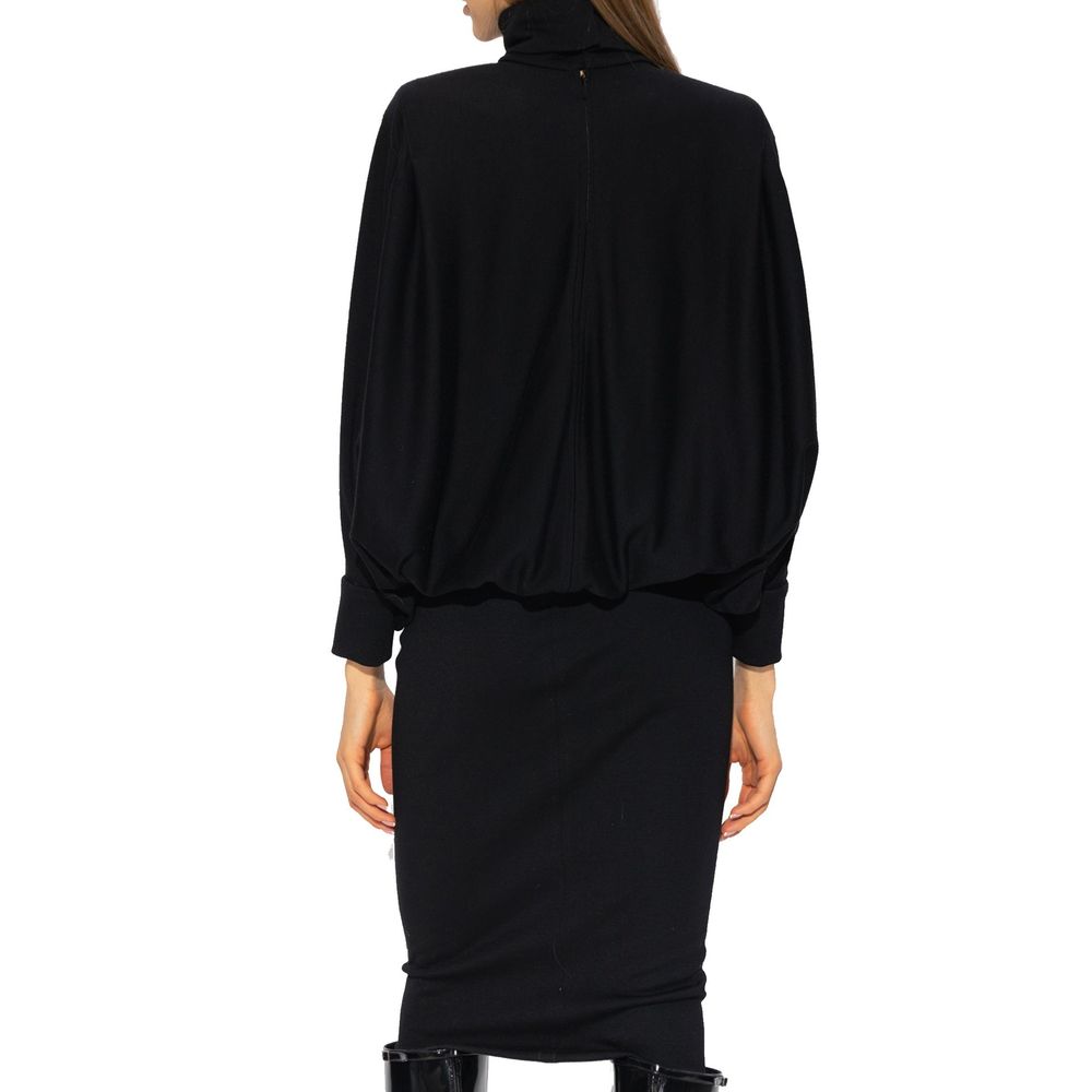Saint Laurent Black Oversized Wool Jersey Midi Dress with Batwing Sleeves