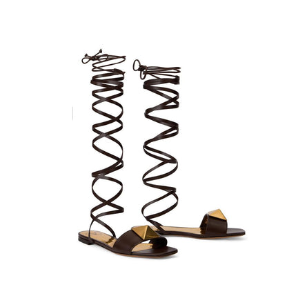 Valentino Garavani Brown Leather One Stud Gladiator Sandals