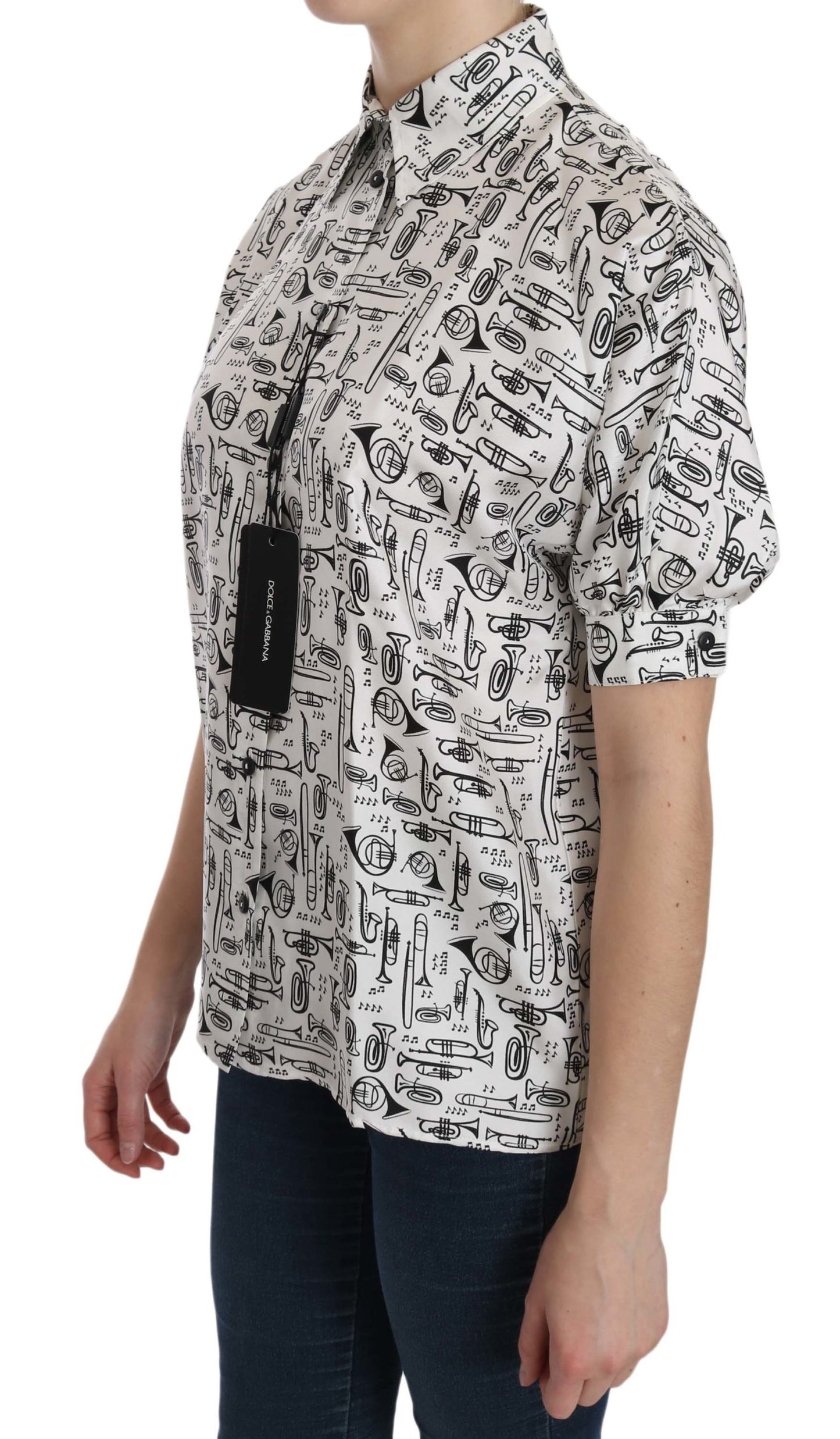  - Musical Instrument Print Silk Collared Top