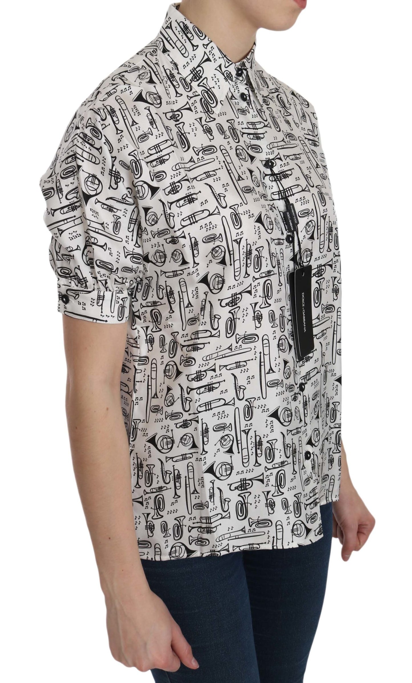  - Musical Instrument Print Silk Collared Top