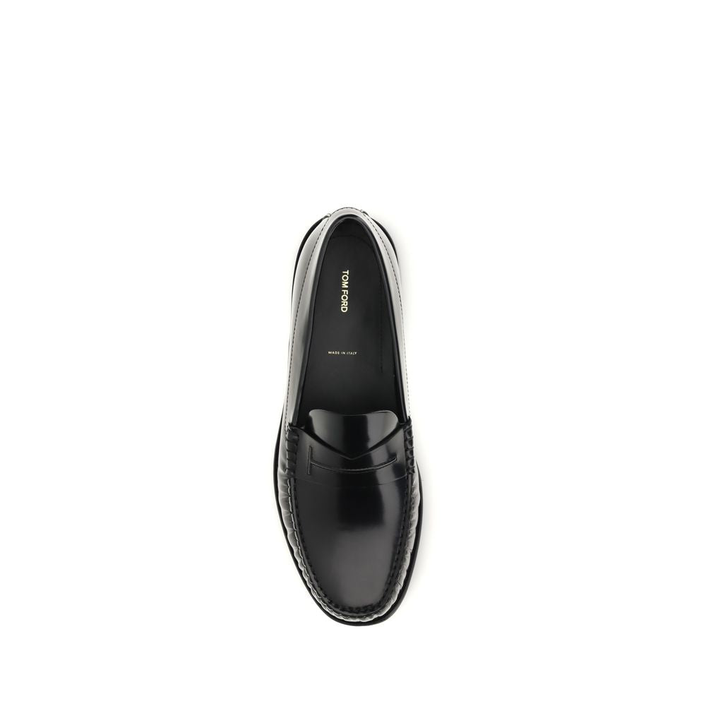 Tom Ford Black Burnished Leather Penny Loafers for Men