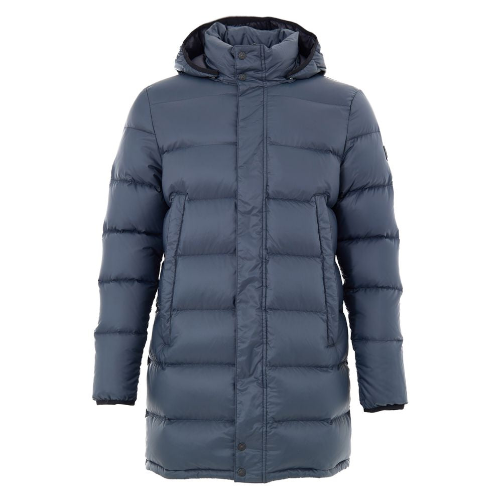 Moose Knuckles Blue Hooded Mid Length Puffer Jacket for Men