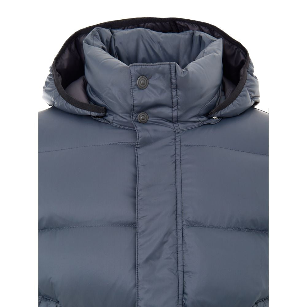 Moose Knuckles Blue Hooded Mid Length Puffer Jacket for Men