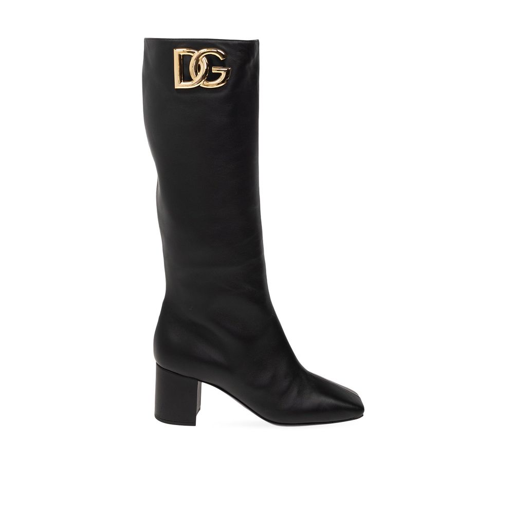 Dolce & Gabbana Black Leather Jackie DG Logo Knee High Boots