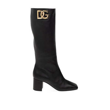 Dolce & Gabbana Black Leather Jackie DG Logo Knee High Boots