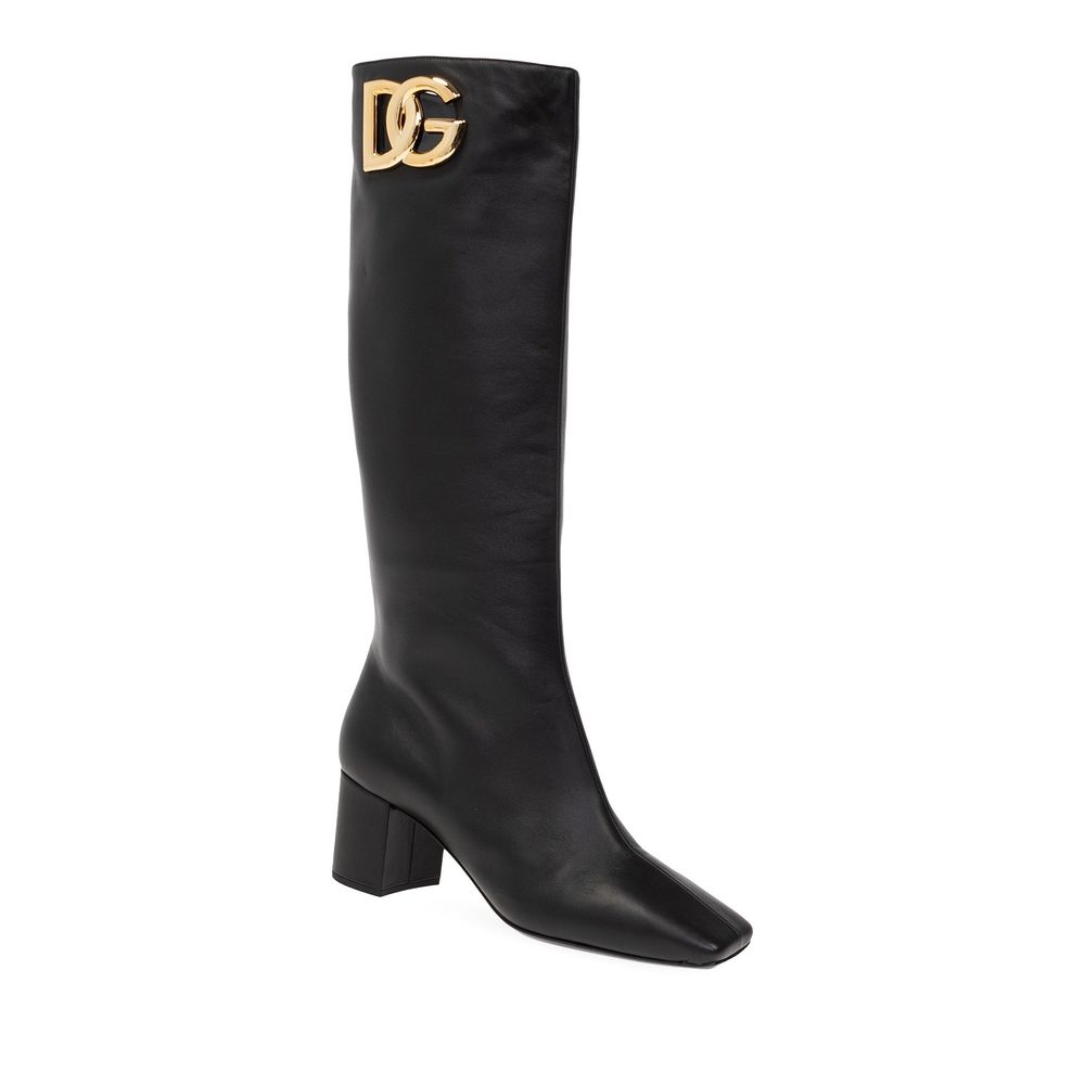 Dolce & Gabbana Black Leather Jackie DG Logo Knee High Boots