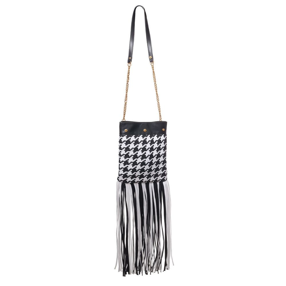 Versace Black And White Houndstooth Fringed Shoulder Bag