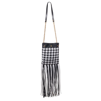 Versace Black And White Houndstooth Fringed Shoulder Bag