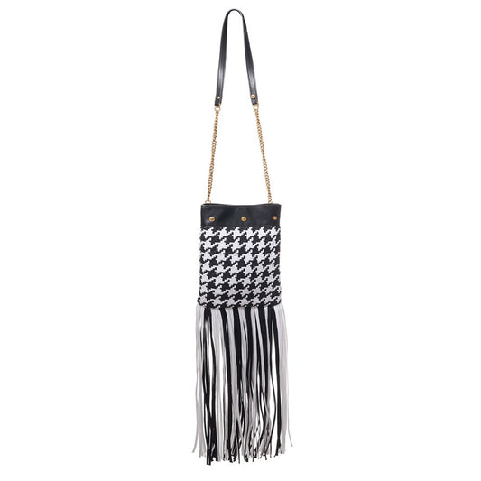 Versace Black And White Houndstooth Fringed Shoulder Bag