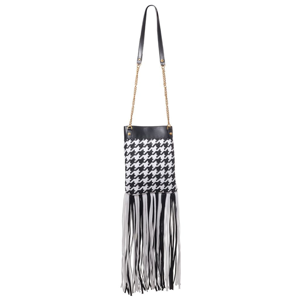 Versace Black And White Houndstooth Fringed Shoulder Bag