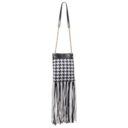 Versace Black And White Houndstooth Fringed Shoulder Bag