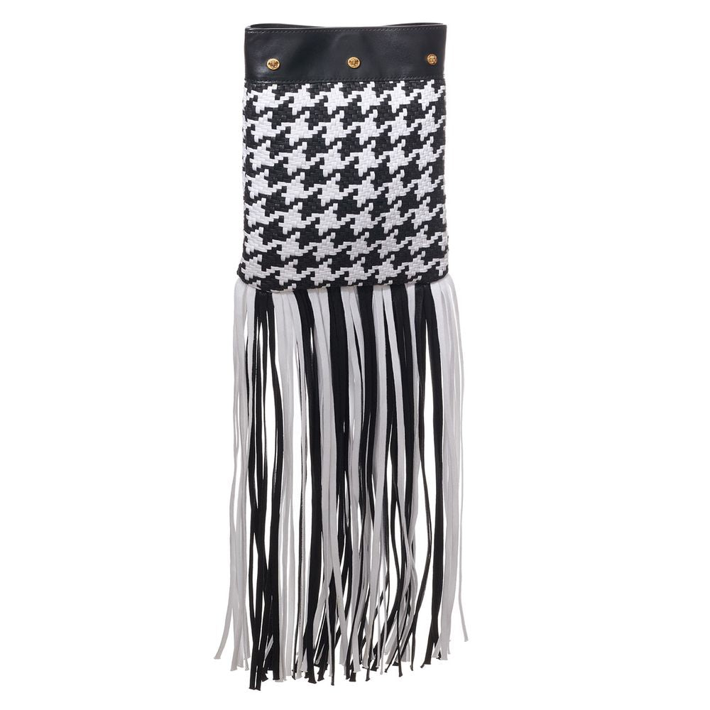 Versace Black And White Houndstooth Fringed Shoulder Bag
