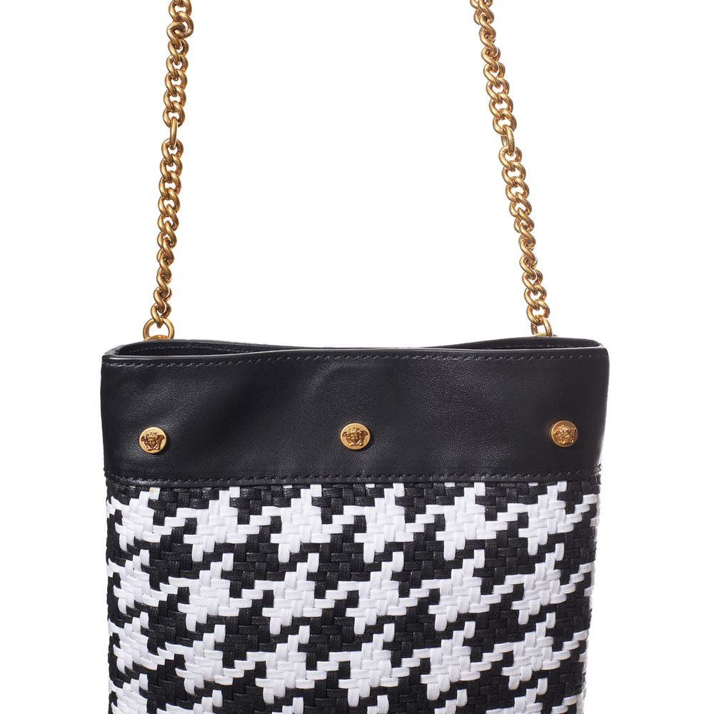 Versace Black And White Houndstooth Fringed Shoulder Bag