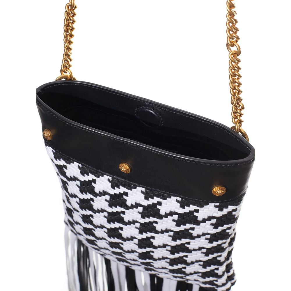 Versace Black And White Houndstooth Fringed Shoulder Bag