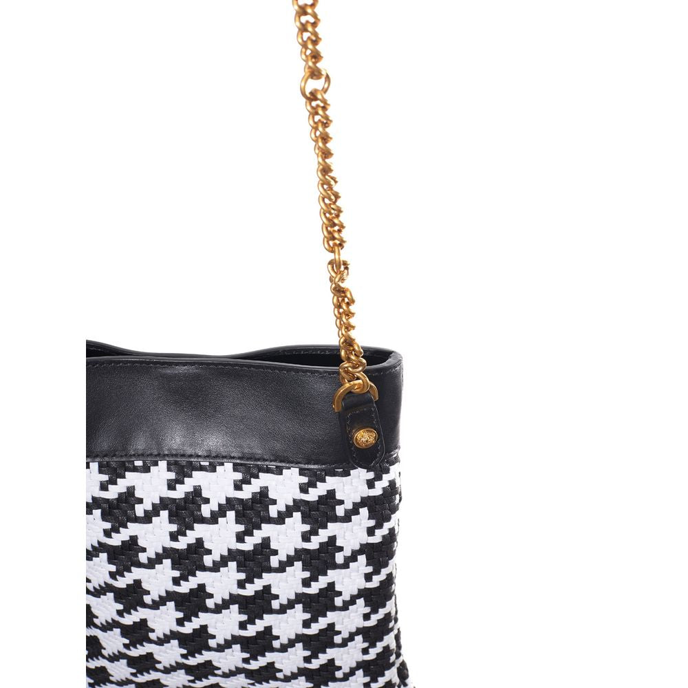 Versace Black And White Houndstooth Fringed Shoulder Bag