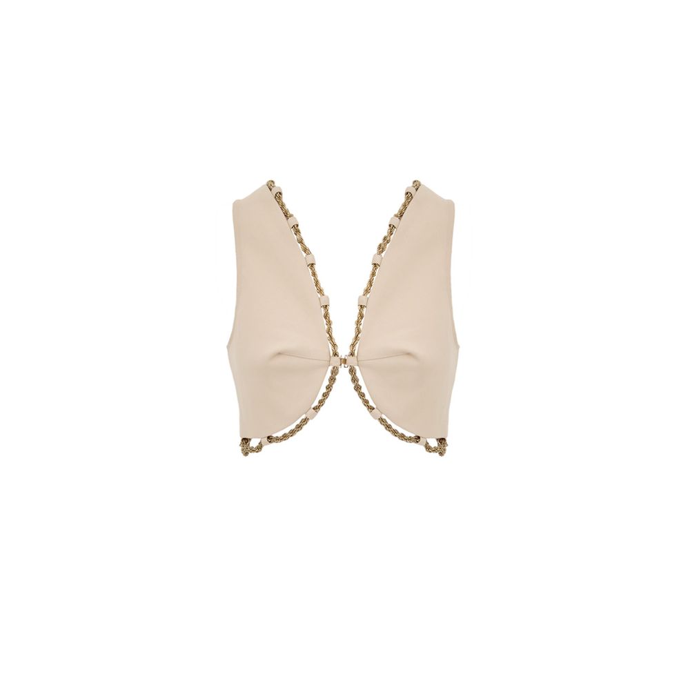 Cult Gaia Beige Cotton Cropped Vest with Gold Chain Trim