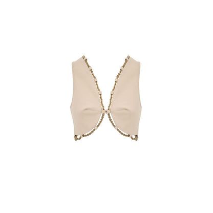 Cult Gaia Beige Cotton Cropped Vest with Gold Chain Trim