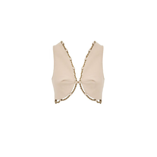 Cult Gaia Beige Cotton Cropped Vest with Gold Chain Trim
