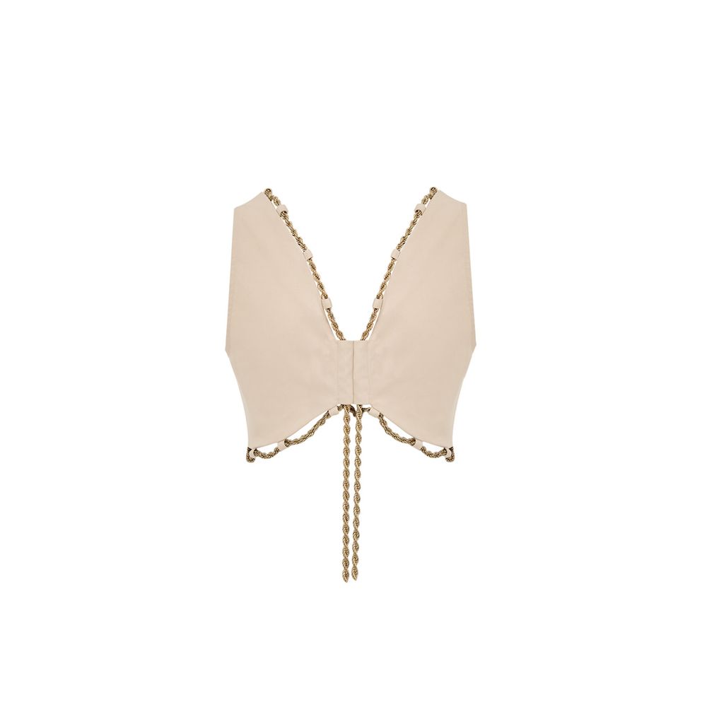 Cult Gaia Beige Cotton Cropped Vest with Gold Chain Trim
