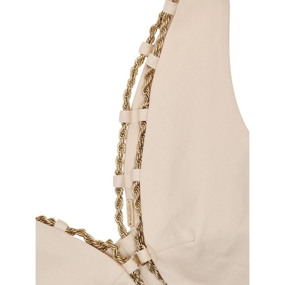 Cult Gaia Beige Cotton Cropped Vest with Gold Chain Trim