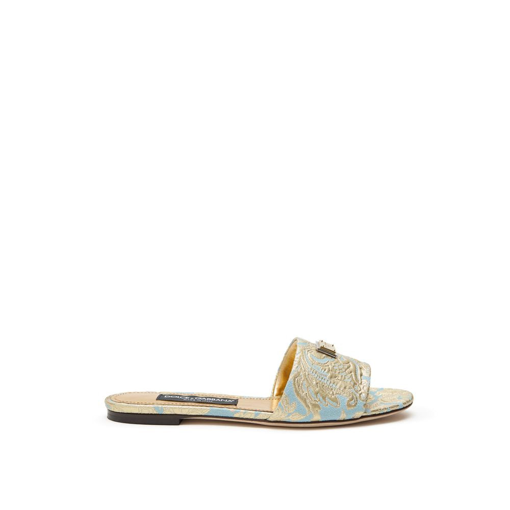 Dolce & Gabbana Light Blue & Gold Floral Brocade Slide Sandals