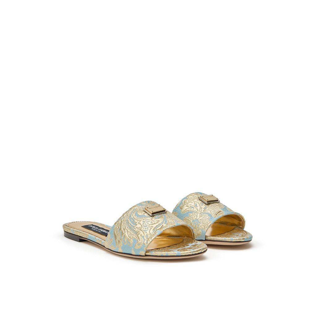 Dolce & Gabbana Light Blue & Gold Floral Brocade Slide Sandals