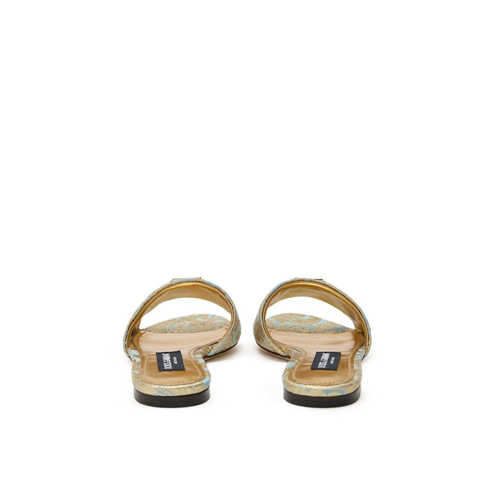 Dolce & Gabbana Light Blue & Gold Floral Brocade Slide Sandals