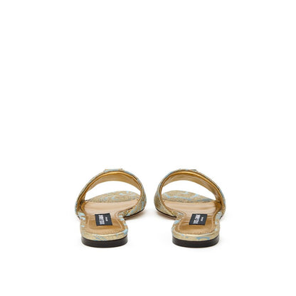 Dolce & Gabbana Light Blue & Gold Floral Brocade Slide Sandals