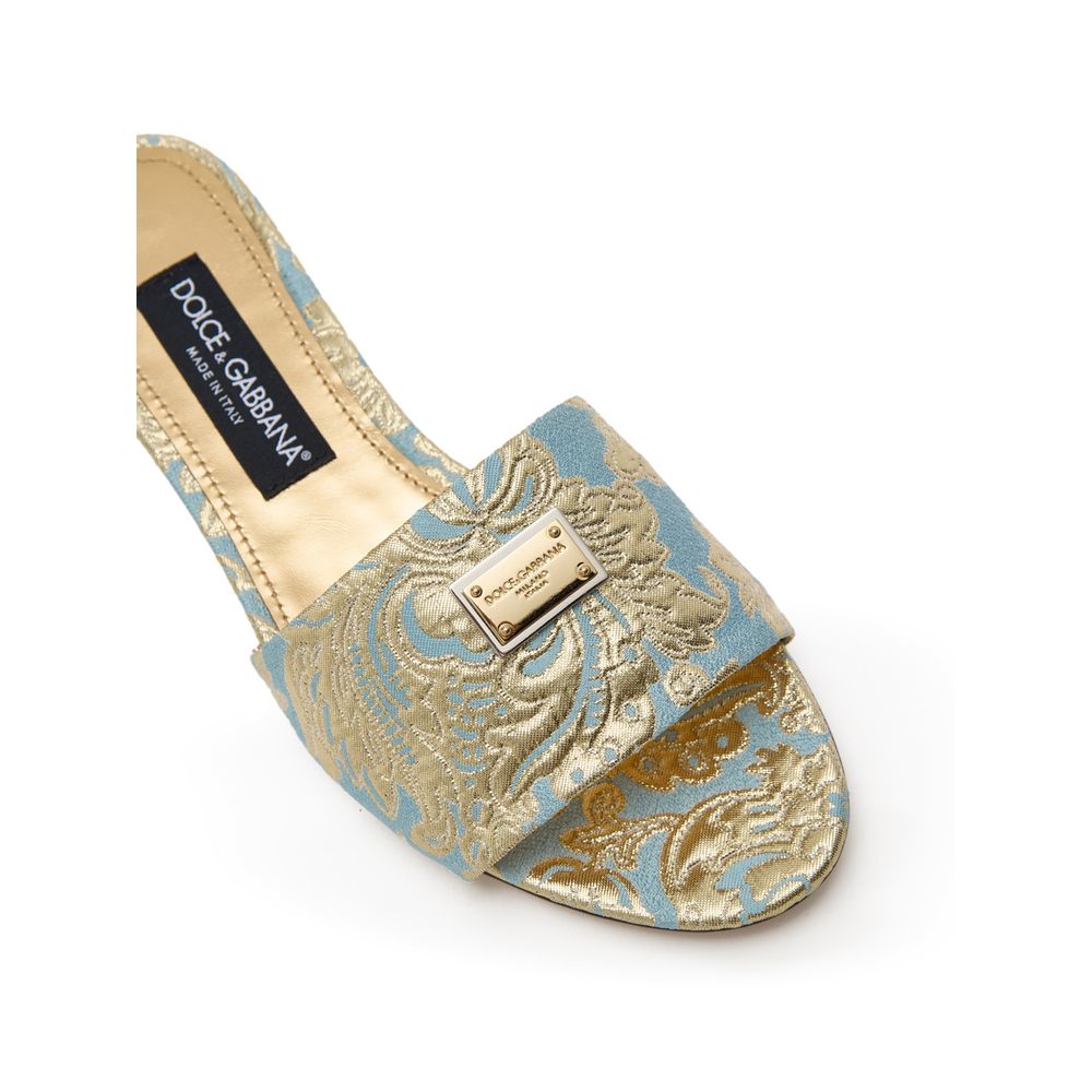 Dolce & Gabbana Light Blue & Gold Floral Brocade Slide Sandals