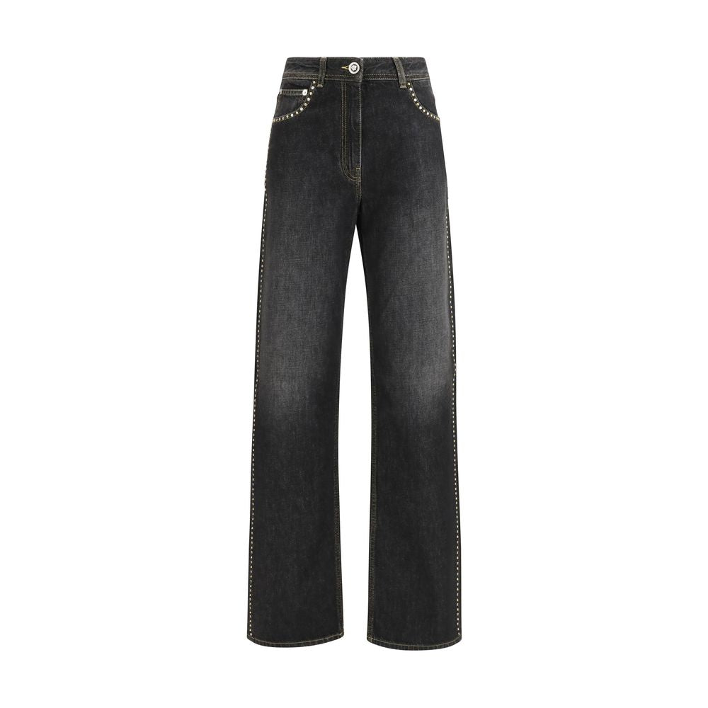 Versace Black Cotton Straight-Leg Jeans with Studs and Crystals