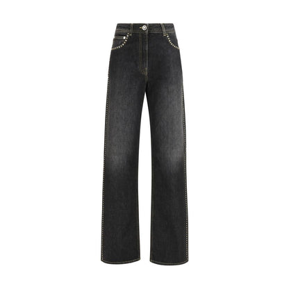 Versace Black Cotton Straight-Leg Jeans with Studs and Crystals