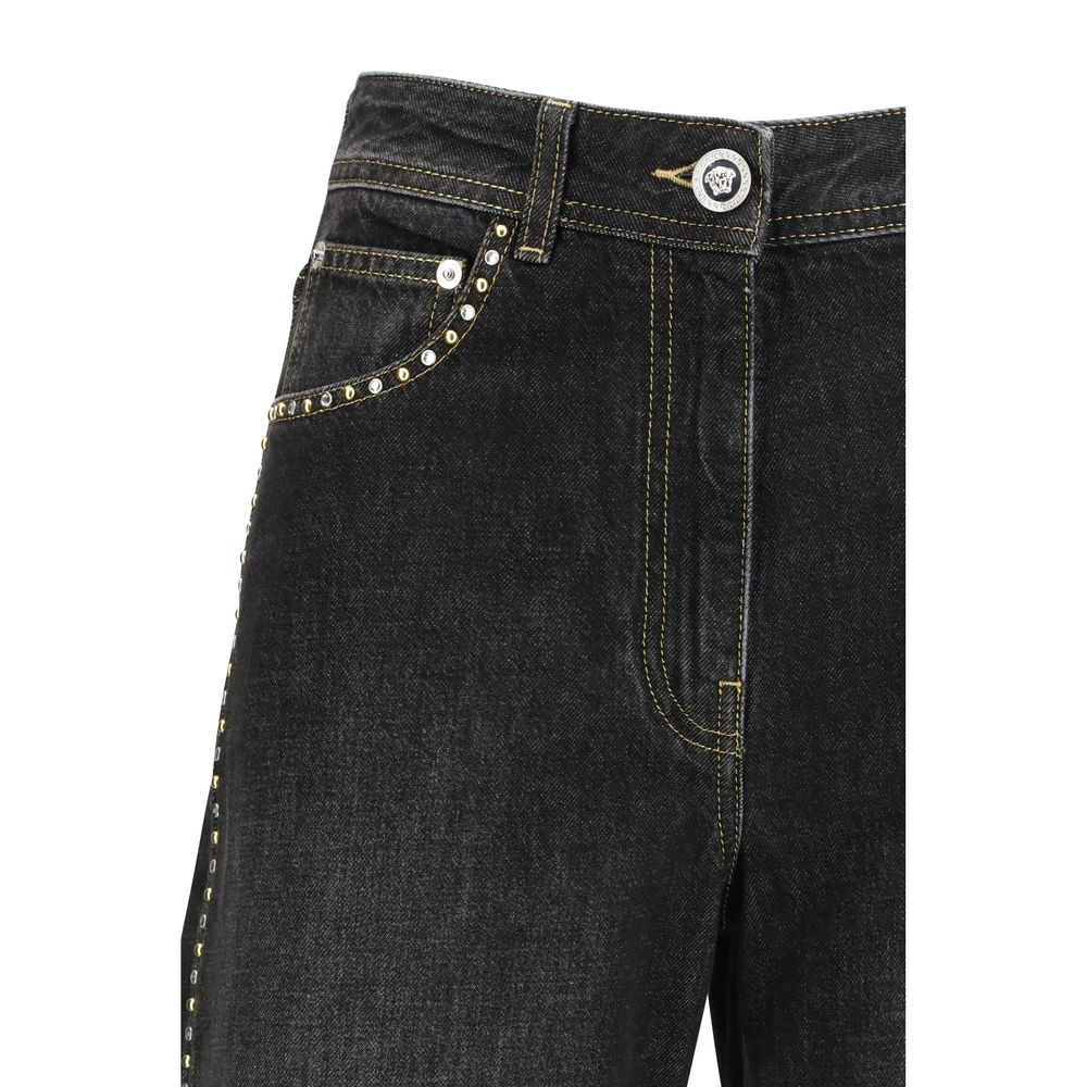 Versace Black Cotton Straight-Leg Jeans with Studs and Crystals