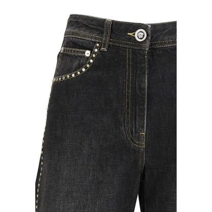 Versace Black Cotton Straight-Leg Jeans with Studs and Crystals