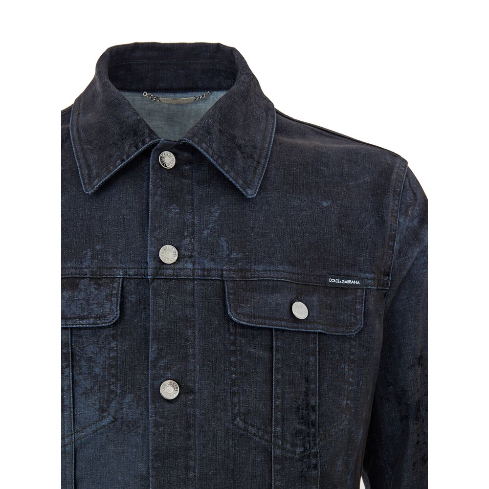 Dolce & Gabbana Dark Blue/Grey Coated-Effect Cotton Denim Jacket
