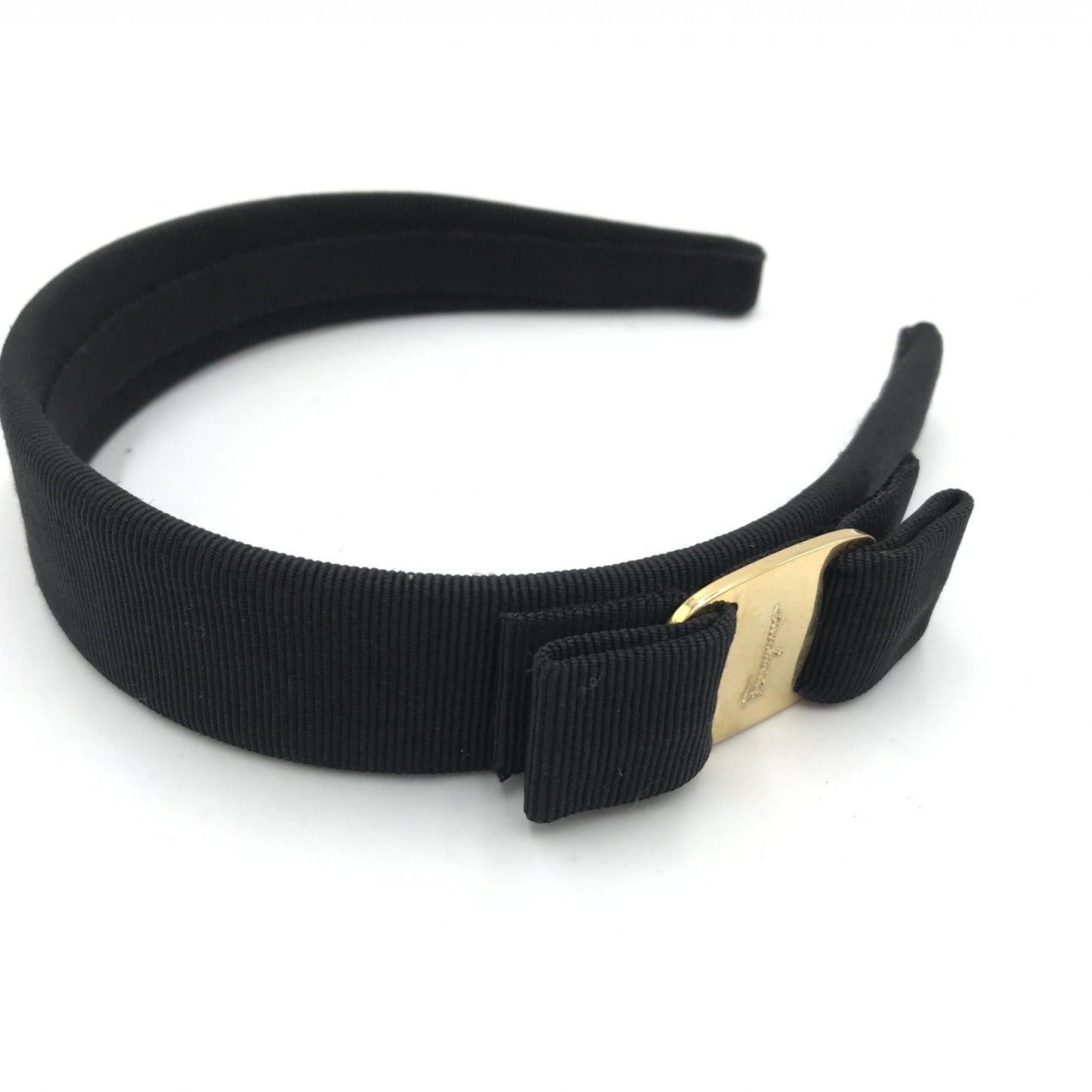 Salvatore Ferragamo Preloved Black Grosgrain Headband with Gold Hardware – Timeless Elegance in B+ Condition