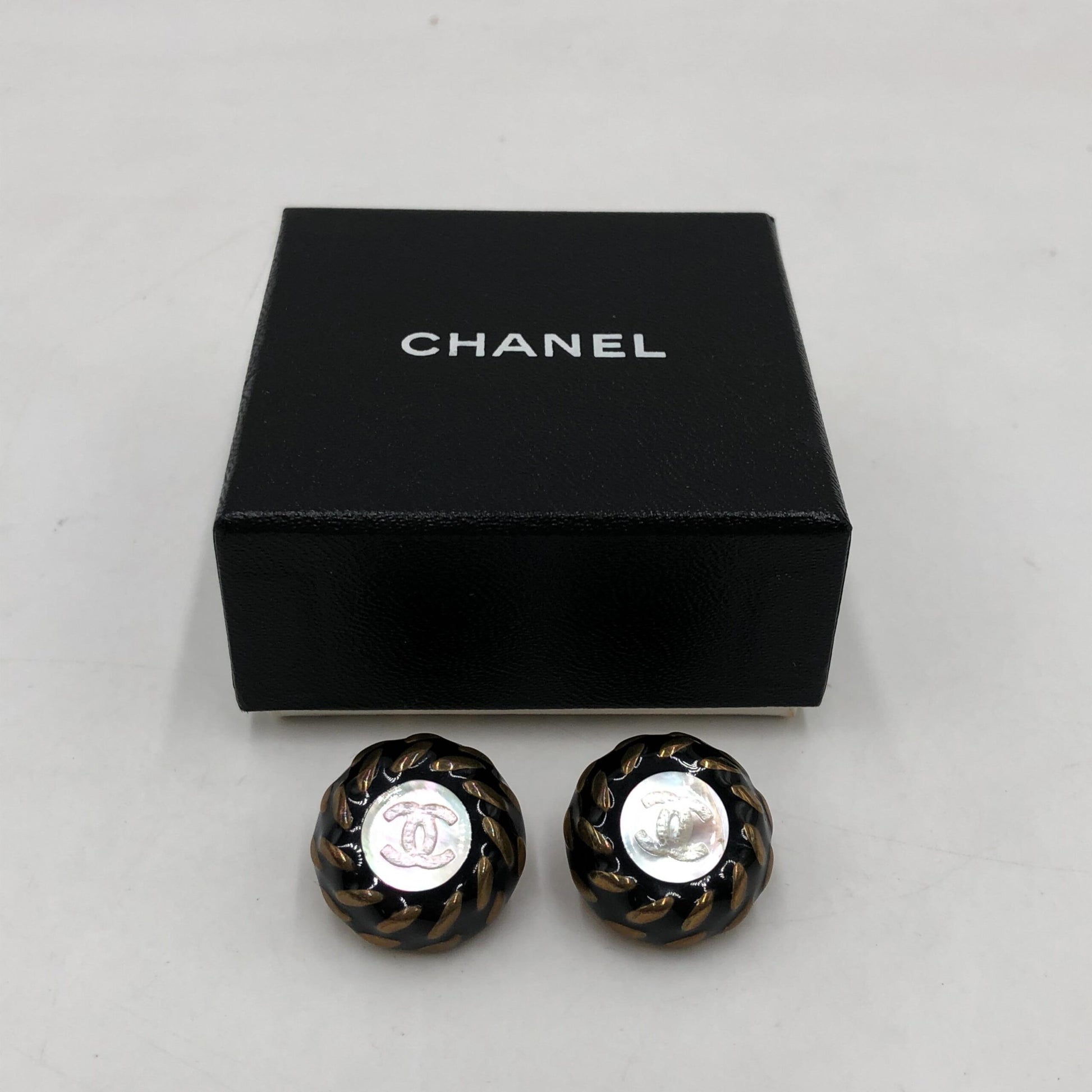 Chanel CC Button Clip-On Earrings - Preloved Elegance in Black, White, and Gold