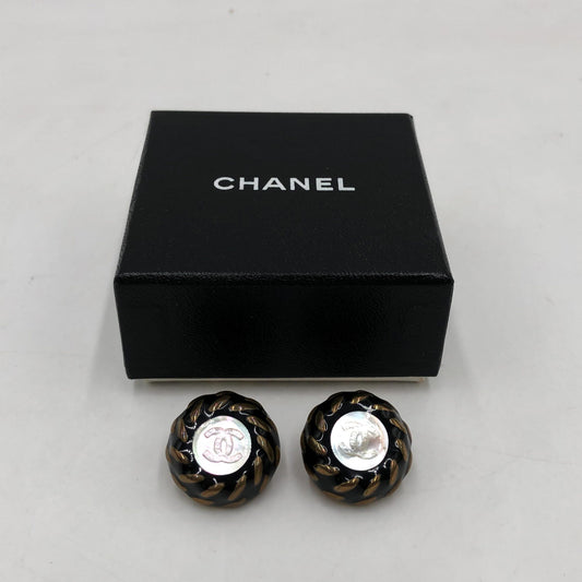Chanel CC Button Clip-On Earrings - Preloved Elegance in Black, White, and Gold