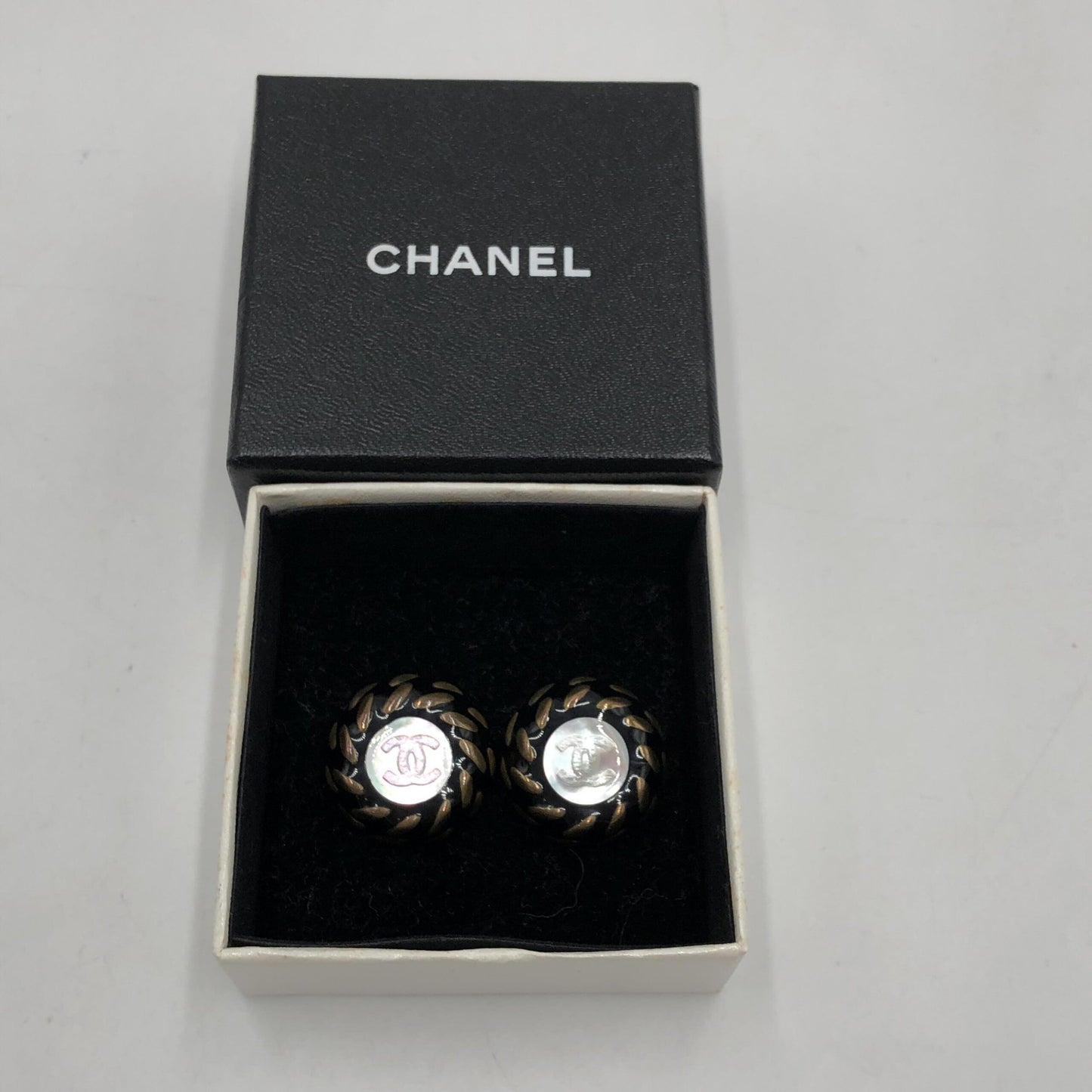 Chanel CC Button Clip-On Earrings - Preloved Elegance in Black, White, and Gold