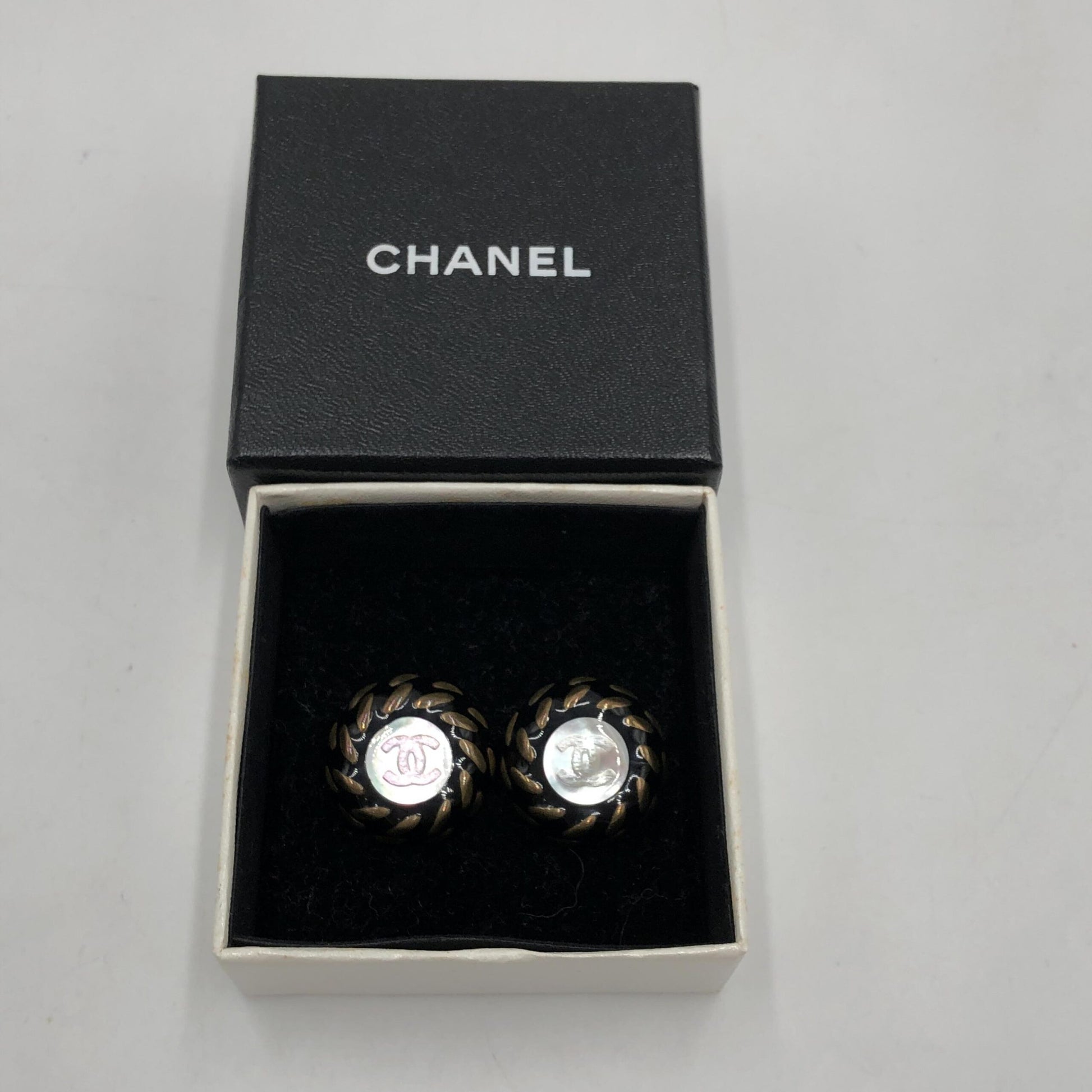 Chanel CC Button Clip-On Earrings - Preloved Elegance in Black, White, and Gold